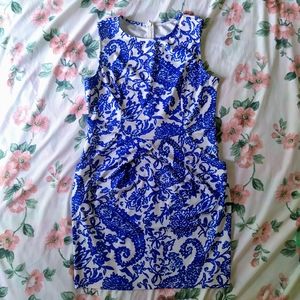 Blue White Tribal Porcelain Print Dress Pockets